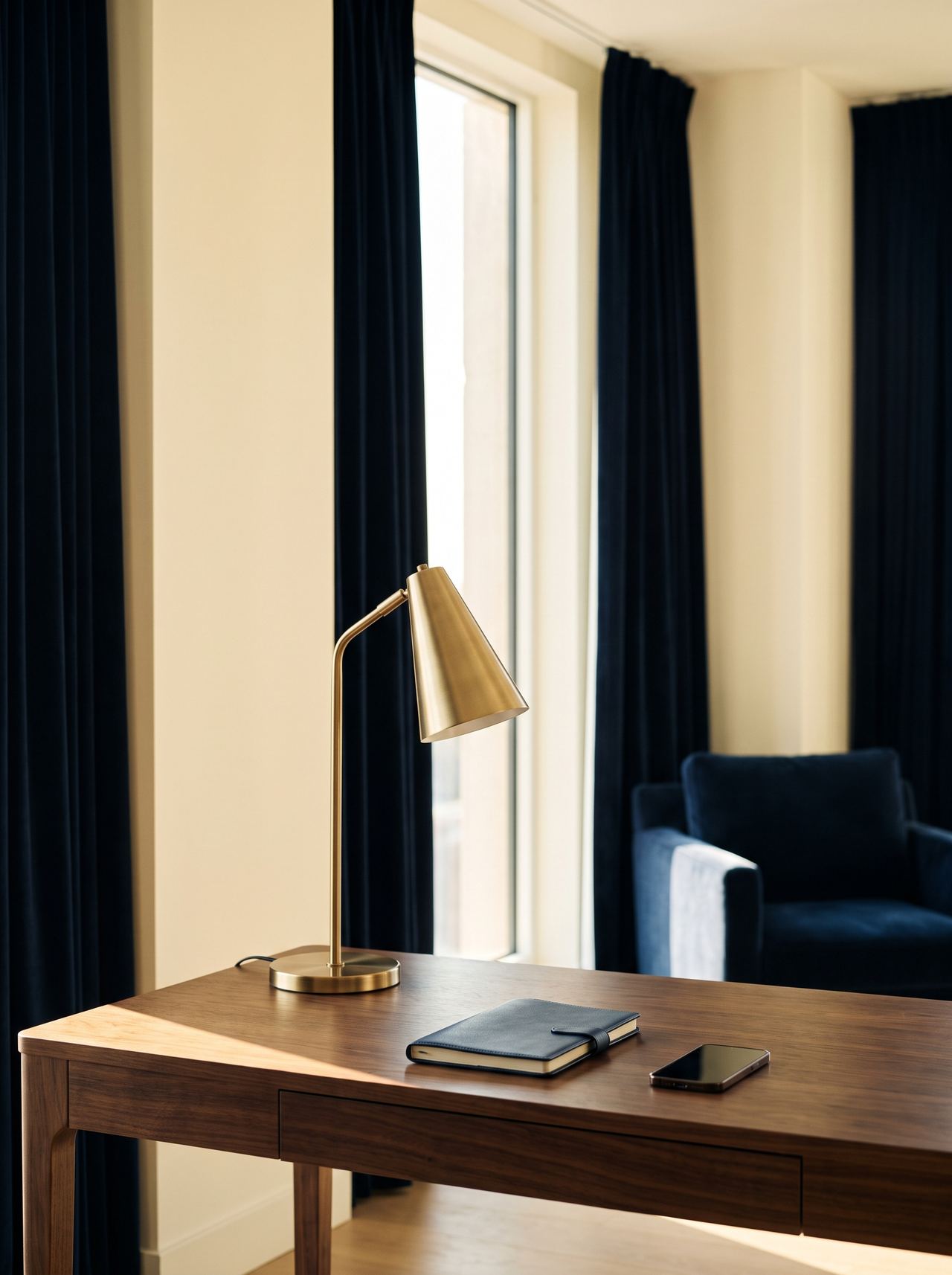 A brass desk lamp, a notebook and a phone on a walnut desk