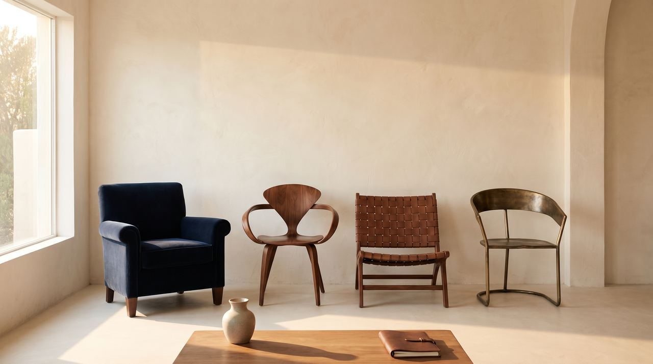 Four different chairs in a row against a cream wall — a navy armchair, a walnut moulded chair, a leather sling chair and a brass-frame chair
