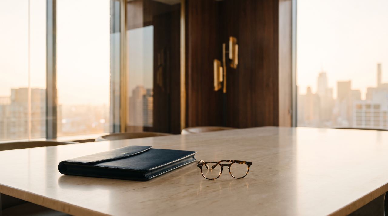 A leather folio and reading glasses on a boardroom table at golden hour