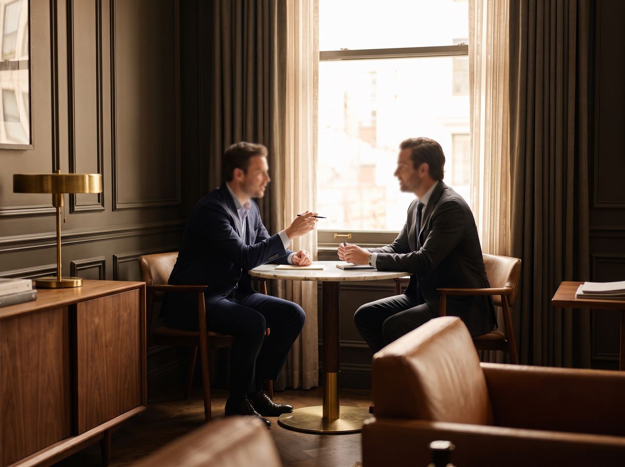 Two executives in conversation across a table