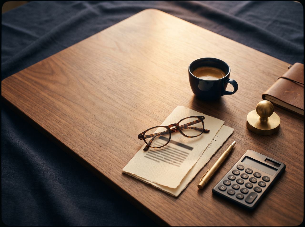 Reading glasses, notes, a pen and a calculator on a wooden desk