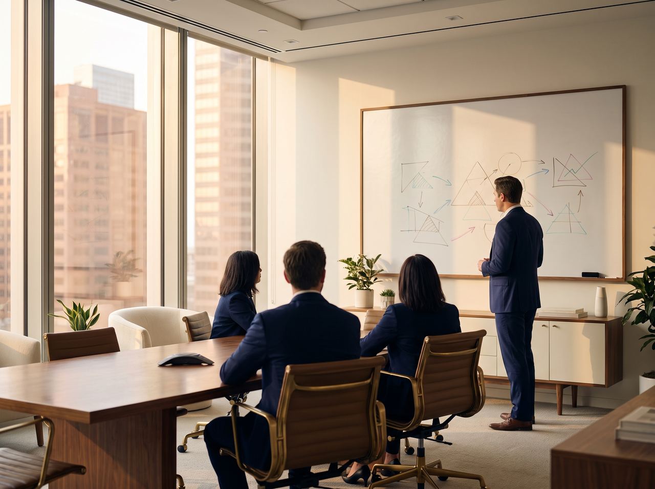 A sales coach leading a field team session at a whiteboard