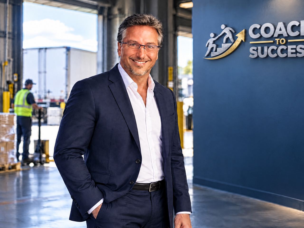 Steve Lindstrom in a distribution warehouse beside the Coach to Success sign