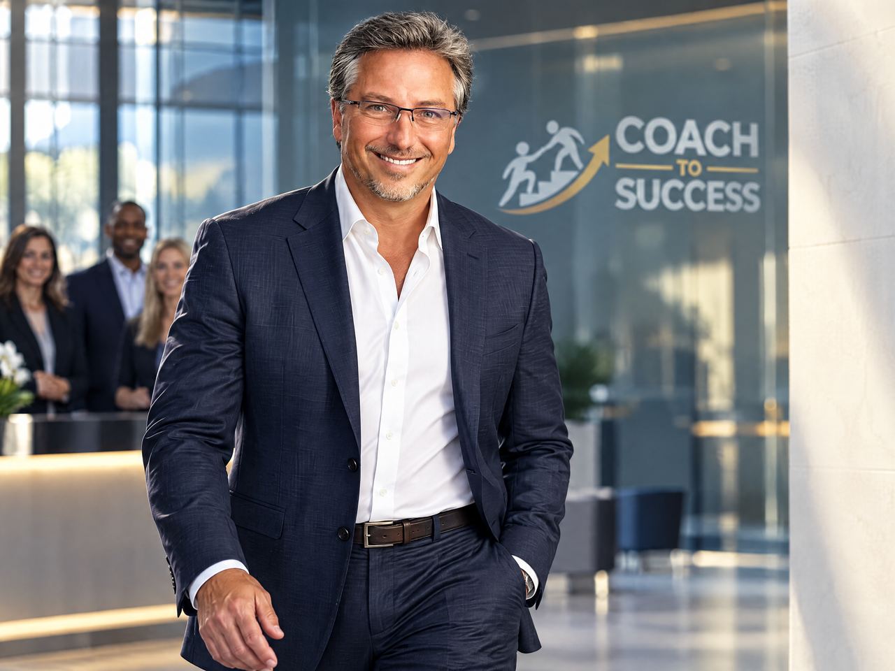Steve Lindstrom walking through a bright office lobby