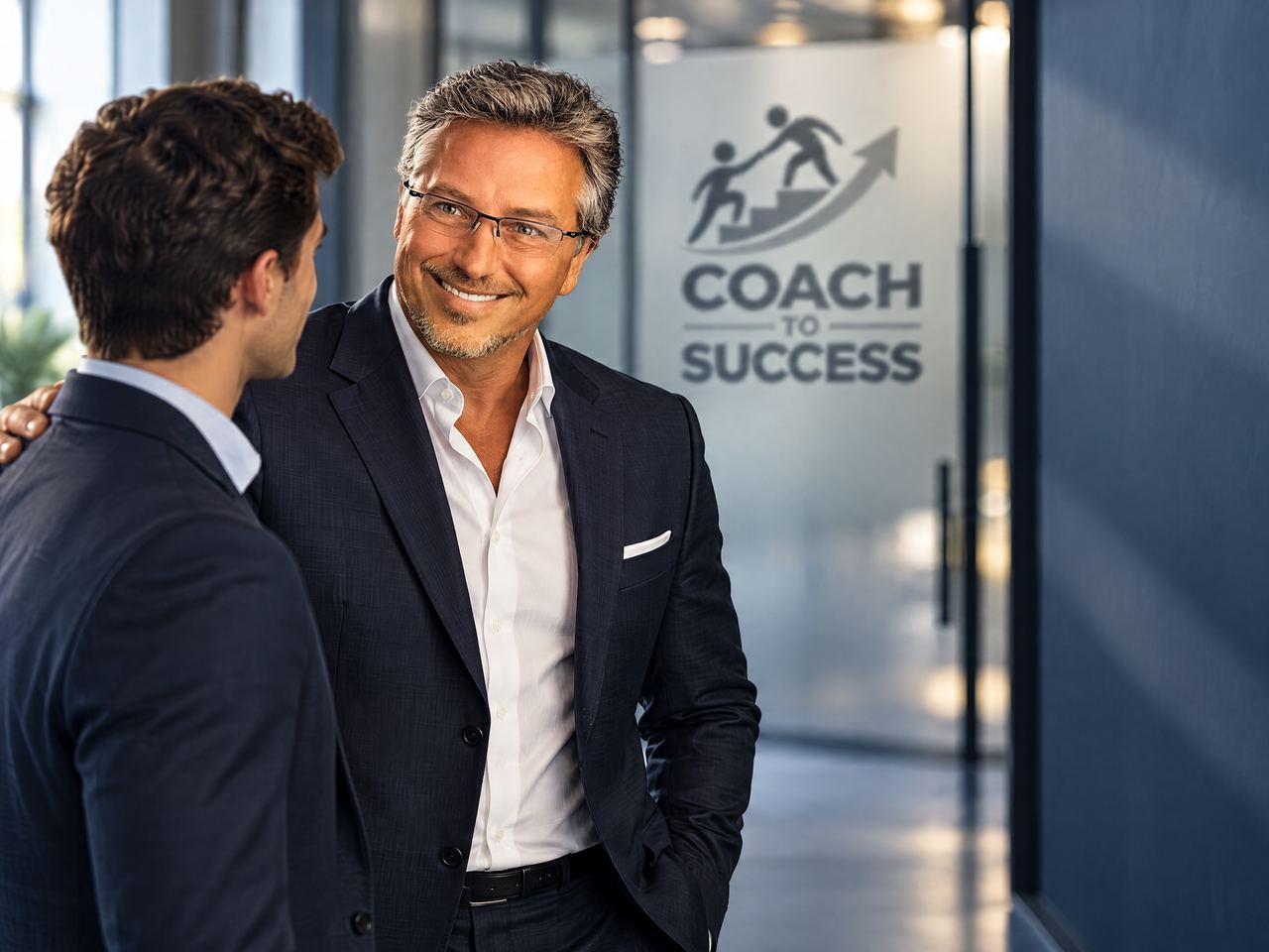 Steve Lindstrom guiding a rising leader beneath the Coach to Success mark