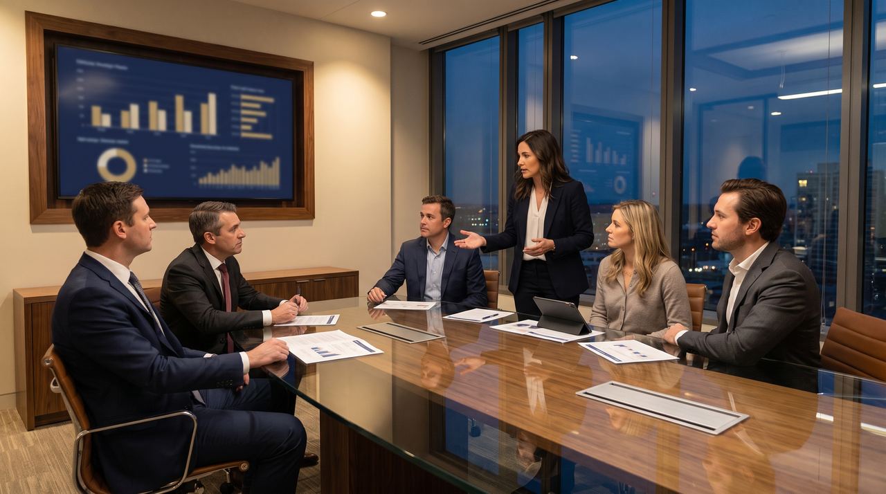 A private-equity operating review around a glass table with a KPI wall screen