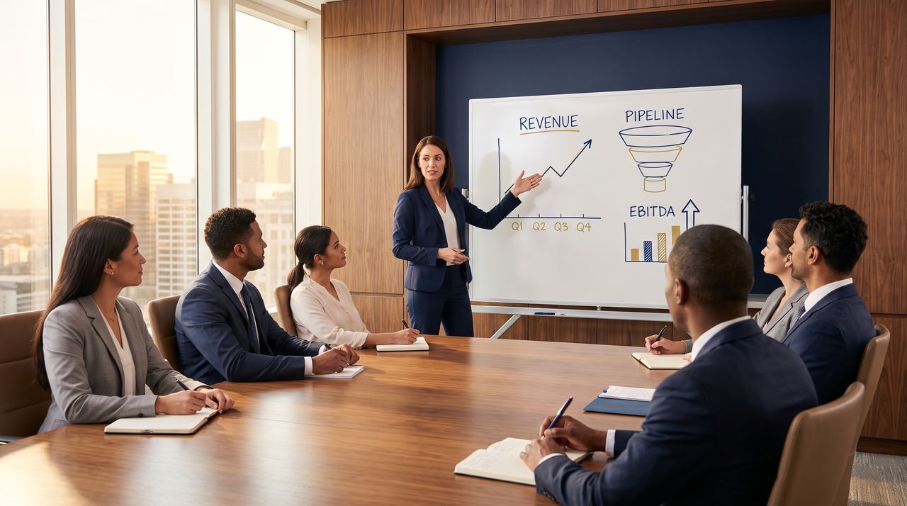 A leader presenting revenue, pipeline and EBITDA charts on a whiteboard to an engaged team around a walnut table