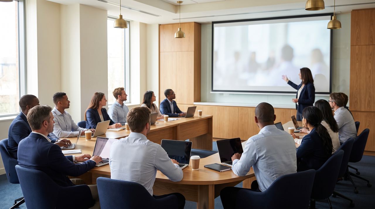 A professional training classroom, trainees at desks and an instructor at the screen