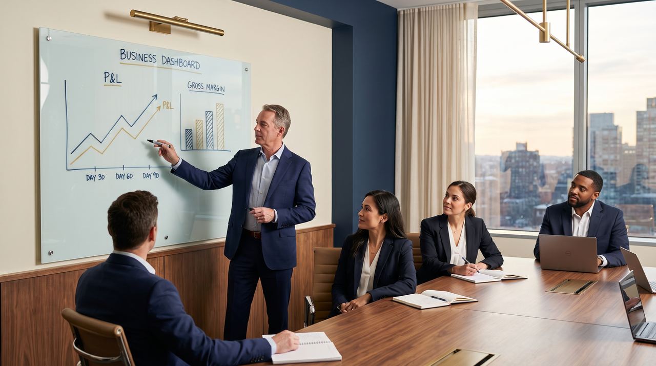 A leader walking a team through a P&L trend line and gross-margin bars on a glass board