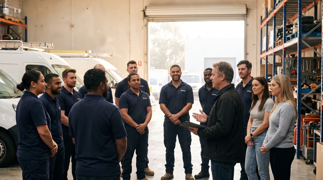 A morning huddle of technicians and office staff on a service-company dispatch floor