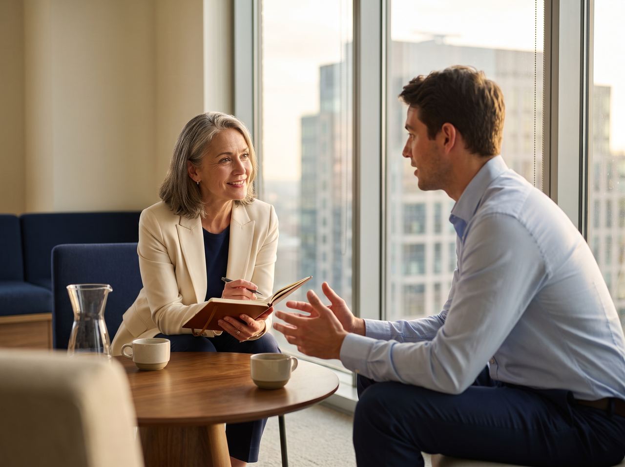A one-on-one coaching conversation beside a window