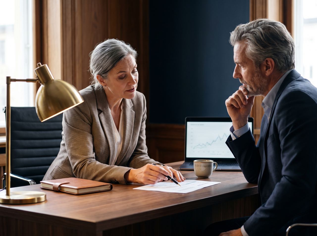 Two colleagues reviewing a P&L at a walnut desk