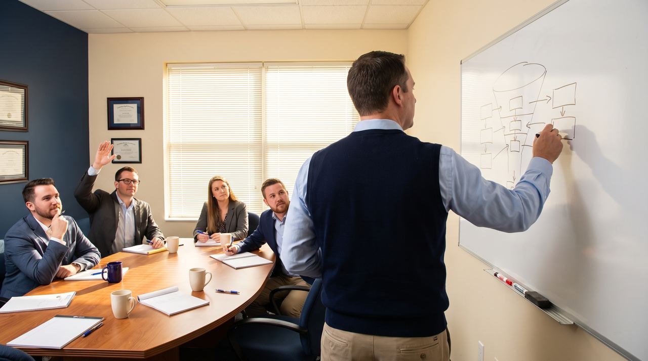 A sales coach at a whiteboard teaching a field team
