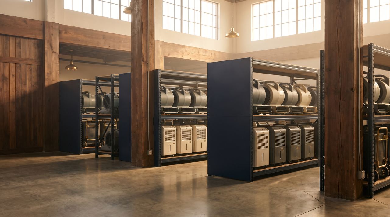 An organized restoration equipment warehouse